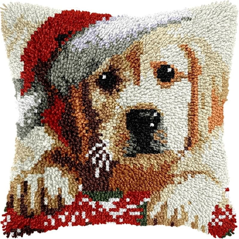 Latch Hook Pillow Kits Christmas Dog DIY Pillowcase Crochet Hook Cushion Making Kits with Preprinted Pattern Canvas Instruction Yarns Pillow Cover Easy Starter Kits 43x43cm（J150)