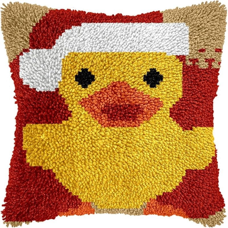 Latch Hook Pillow Kits Christmas Duck DIY Pillowcase Crochet Hook Cushion Making Kits with Preprinted Pattern Canvas Instruction Yarns Pillow Cover Easy Starter Kits 43x43cm（J46)