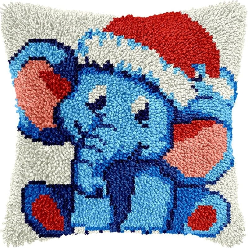 Latch Hook Pillow Kits Christmas Elephant DIY Pillowcase Crochet Hook Cushion Making Kits with Preprinted Pattern Canvas Instruction Yarns Pillow Cover Easy Starter Kits 43x43cm（J72)