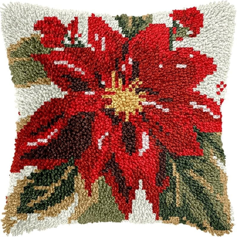 Latch Hook Pillow Kits Christmas Flower DIY Pillowcase Crochet Hook Cushion Making Kits with Preprinted Pattern Canvas Instruction Yarns Pillow Cover Easy Starter Kits 43x43cm（J65)