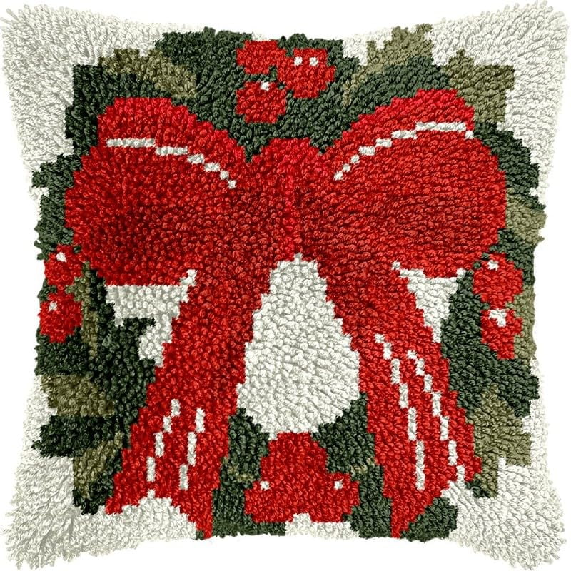 Latch Hook Pillow Kits Christmas Flowers DIY Pillowcase Crochet Hook Cushion Making Kits with Preprinted Pattern Canvas Instruction Yarns Pillow Cover Easy Starter Kits 43x43cm（J48)