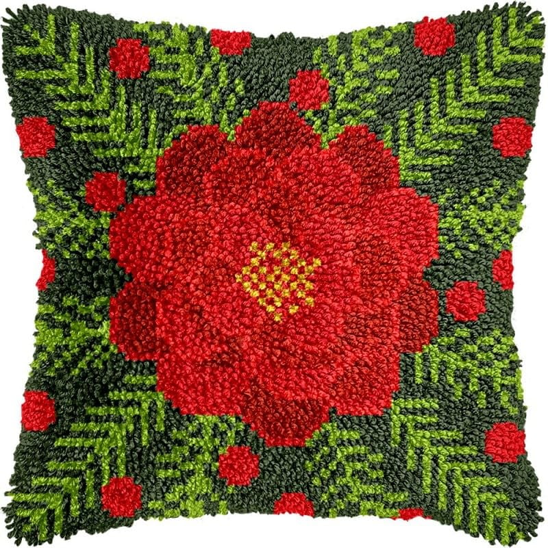 Latch Hook Pillow Kits Christmas Flowers DIY Pillowcase Crochet Hook Cushion Making Kits with Preprinted Pattern Canvas Instruction Yarns Pillow Cover Easy Starter Kits 43x43cm（J228)