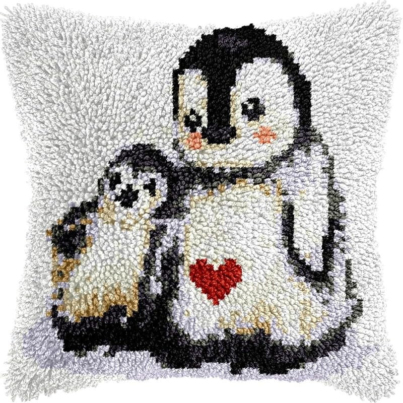 Latch Hook Pillow Kits Christmas Penguin DIY Pillowcase Crochet Hook Cushion Making Kits with Preprinted Pattern Canvas Instruction Yarns Pillow Cover Easy Starter Kits 43x43cm（J309)