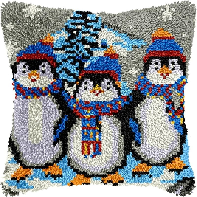 Latch Hook Pillow Kits Christmas Penguins DIY Pillowcase Crochet Hook Cushion Making Kits with Preprinted Pattern Canvas Instruction Yarns Pillow Cover Easy Starter Kits 43x43cm（J82)