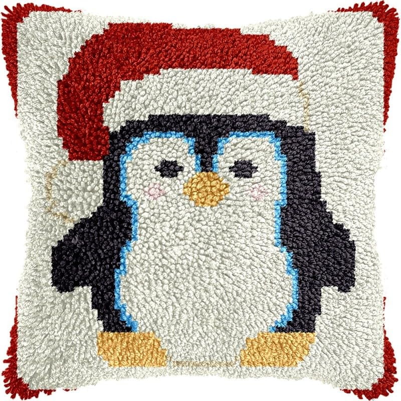 Latch Hook Pillow Kits Christmas Pneguin DIY Pillowcase Crochet Hook Cushion Making Kits with Preprinted Pattern Canvas Instruction Yarns Pillow Cover Easy Starter Kits 43x43cm（J45)