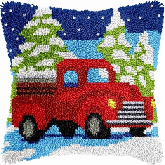 Latch Hook Pillow Kits Christmas Truck for DIY Throw Pillow Cross Stitch Hooking Pillowcase Kits with Preprinted Color Pattern Canvas Cushion Kits 17''X 17''(C-254)