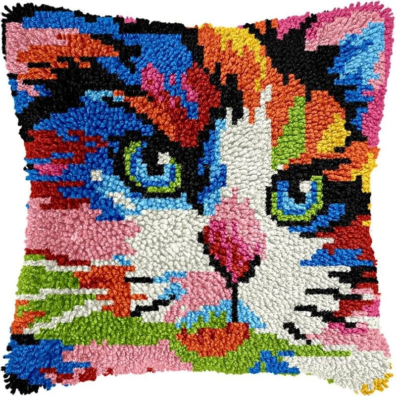 Latch Hook Pillow Kits Colorful Cat DIY Pillowcase Crochet Hook Cushion Making Kits with Preprinted Pattern Canvas Instruction Yarns Pillow Cover Easy Starter Kits 43x43cm（J188)