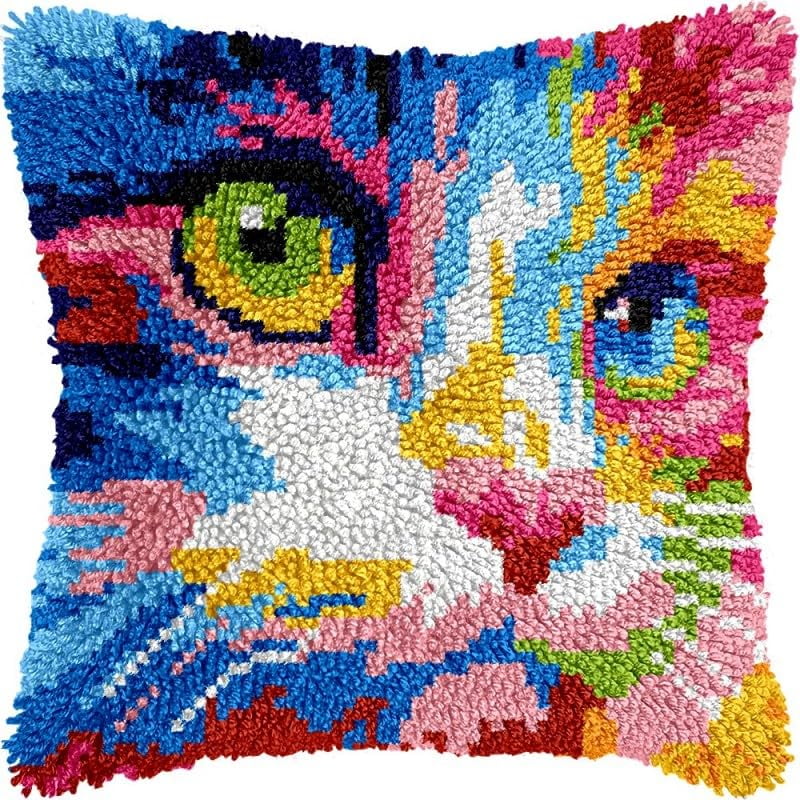 Latch Hook Pillow Kits Colorful Cat DIY Pillowcase Crochet Hook Cushion Making Kits with Preprinted Pattern Canvas Instruction Yarns Pillow Cover Easy Starter Kits 43x43cm（J181)
