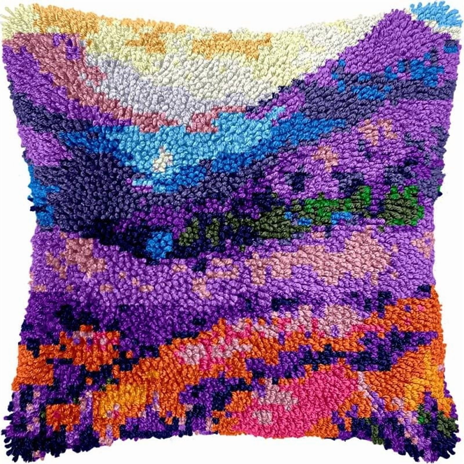 Latch Hook Pillow Kits Colorful Field DIY Pillowcase Crochet Hook Cushion Making Kits with Preprinted Pattern Canvas Instruction Yarns Pillow Cover Easy Starter Kits 43x43cm（J140)
