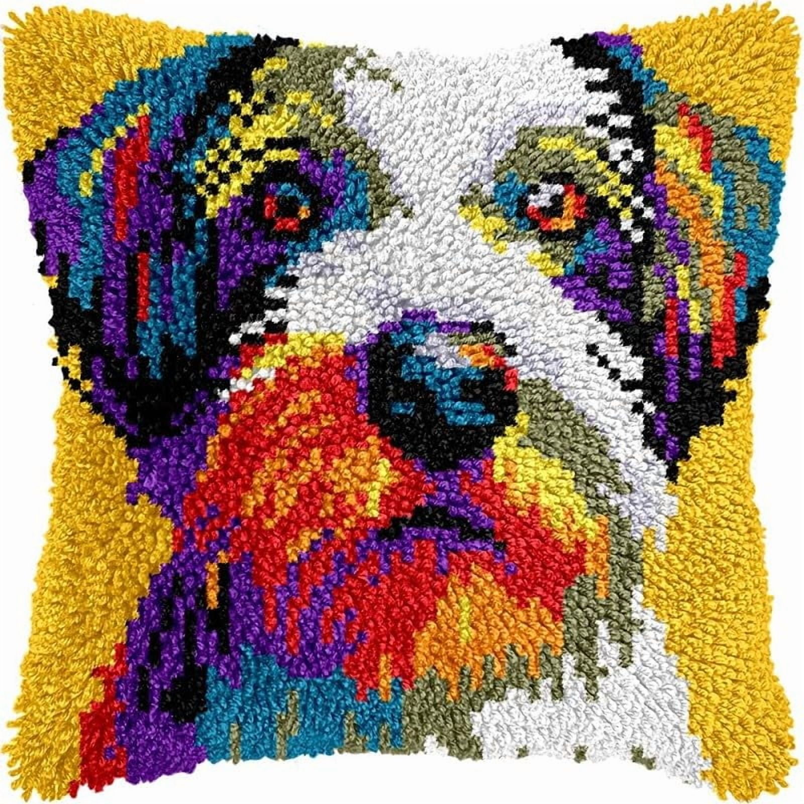 Latch Hook Pillow Kits Colorful Schnauzer DIY Pillowcase Crochet Hook Cushion Making Kits with Preprinted Pattern Canvas Instruction Yarns Pillow Cover Easy Starter Kits 43x43cm（J280)