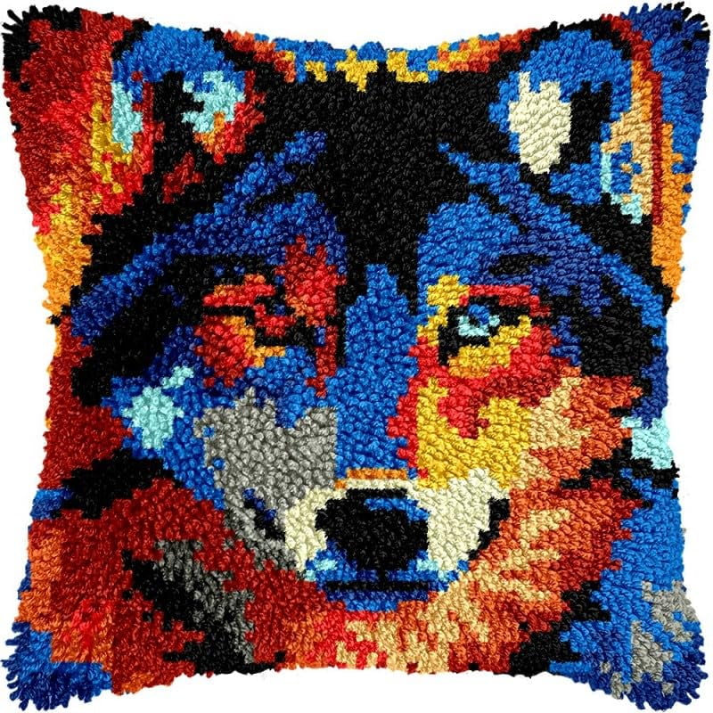 Latch Hook Pillow Kits Colorful Wolf DIY Pillowcase Crochet Hook Cushion Making Kits with Preprinted Pattern Canvas Instruction Yarns Pillow Cover Easy Starter Kits 43x43cm（J321)