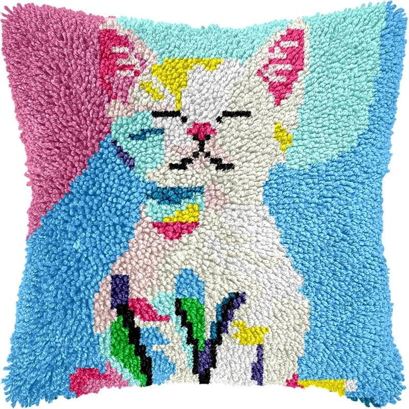 Latch Hook Pillow Kits Cute Cat DIY Pillowcase Crochet Hook Cushion Making Kits with Preprinted Pattern Canvas Instruction Yarns Pillow Cover Easy Starter Kits 43x43cm（J293)
