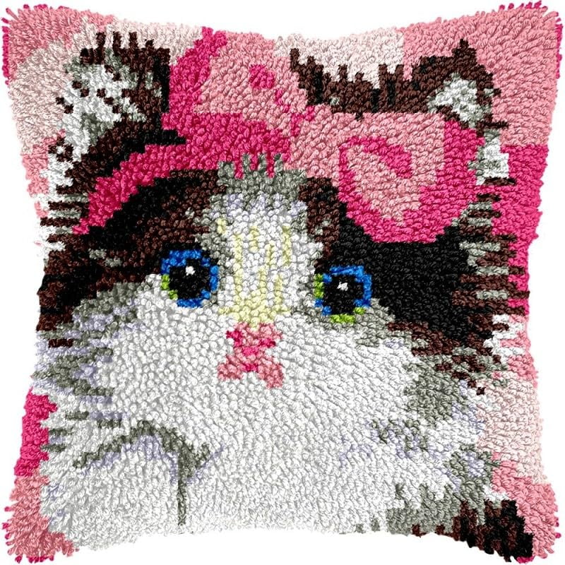 Latch Hook Pillow Kits Cute Cat DIY Pillowcase Crochet Hook Cushion Making Kits with Preprinted Pattern Canvas Instruction Yarns Pillow Cover Easy Starter Kits 43x43cm（J131)
