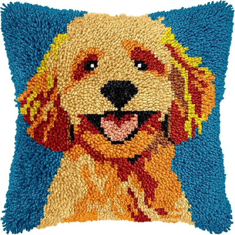 Latch Hook Pillow Kits Cute Dog DIY Pillowcase Crochet Hook Cushion Making Kits with Preprinted Pattern Canvas Instruction Yarns Pillow Cover Easy Starter Kits 43x43cm（J262)