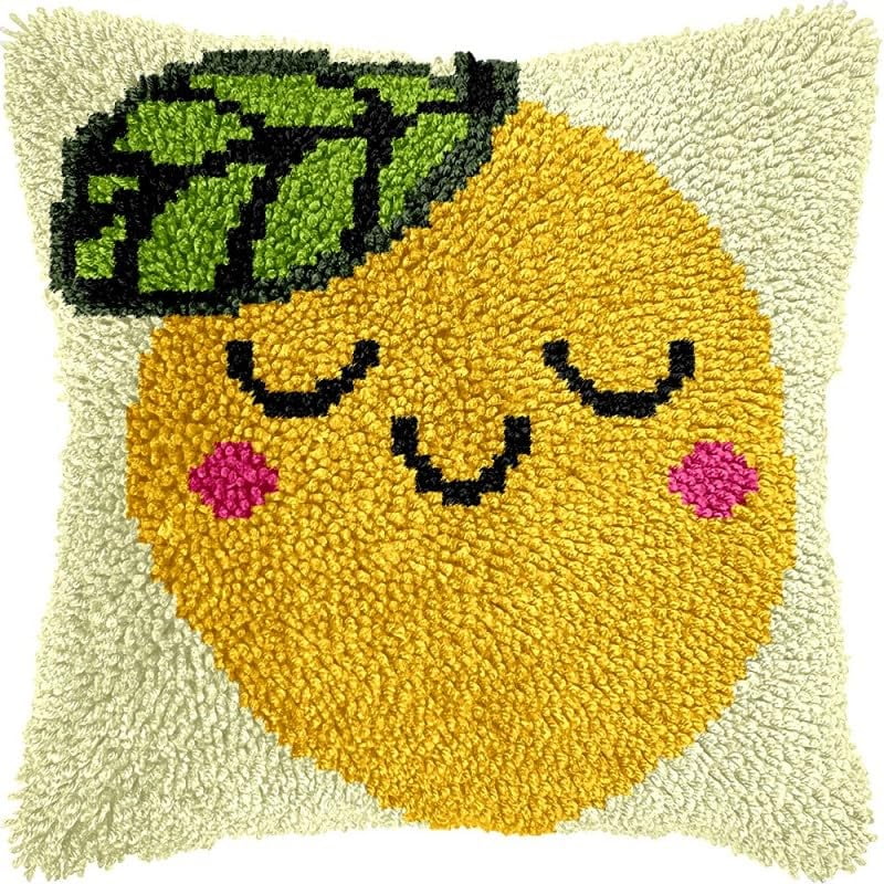 Latch Hook Pillow Kits Cute Lemon DIY Pillowcase Crochet Hook Cushion Making Kits with Preprinted Pattern Canvas Instruction Yarns Pillow Cover Easy Starter Kits 43x43cm（J260)