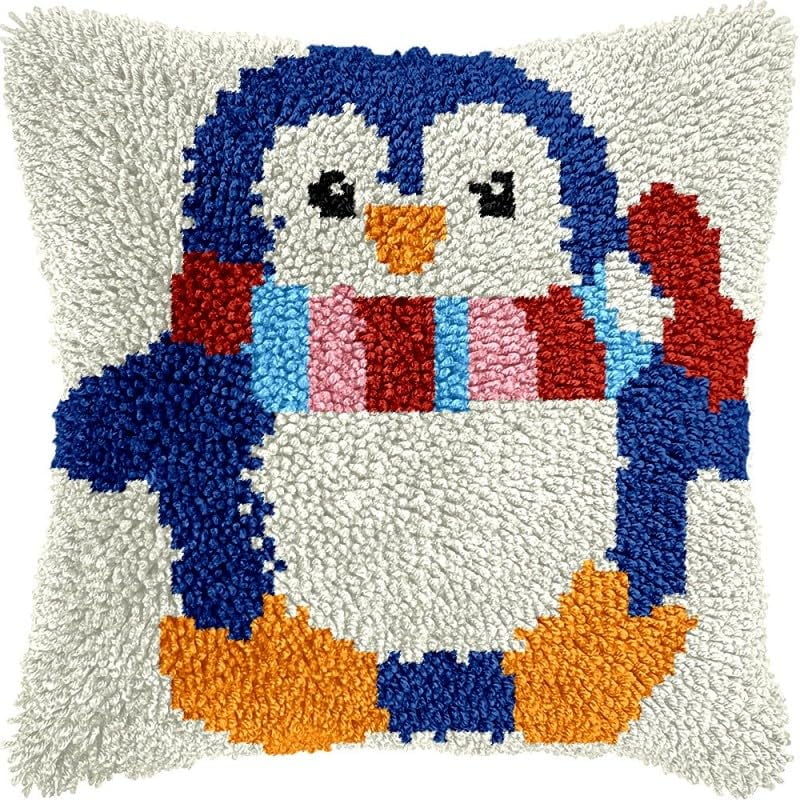 Latch Hook Pillow Kits Cute Penguin DIY Pillowcase Crochet Hook Cushion Making Kits with Preprinted Pattern Canvas Instruction Yarns Pillow Cover Easy Starter Kits 43x43cm（J124)