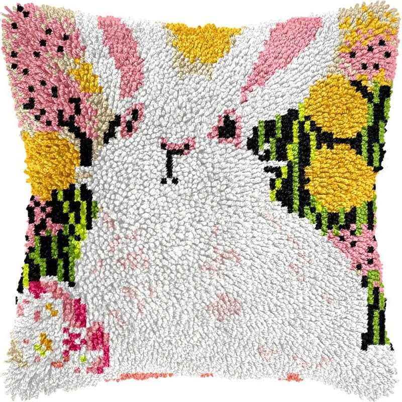 Latch Hook Pillow Kits Cute Rabbit DIY Pillowcase Crochet Hook Cushion Making Kits with Preprinted Pattern Canvas Instruction Yarns Pillow Cover Easy Starter Kits 43x43cm（J200)