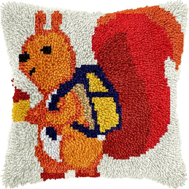 Latch Hook Pillow Kits Cute Squirrel DIY Pillowcase Crochet Hook Cushion Making Kits with Preprinted Pattern Canvas Instruction Yarns Pillow Cover Easy Starter Kits 43x43cm（J300)