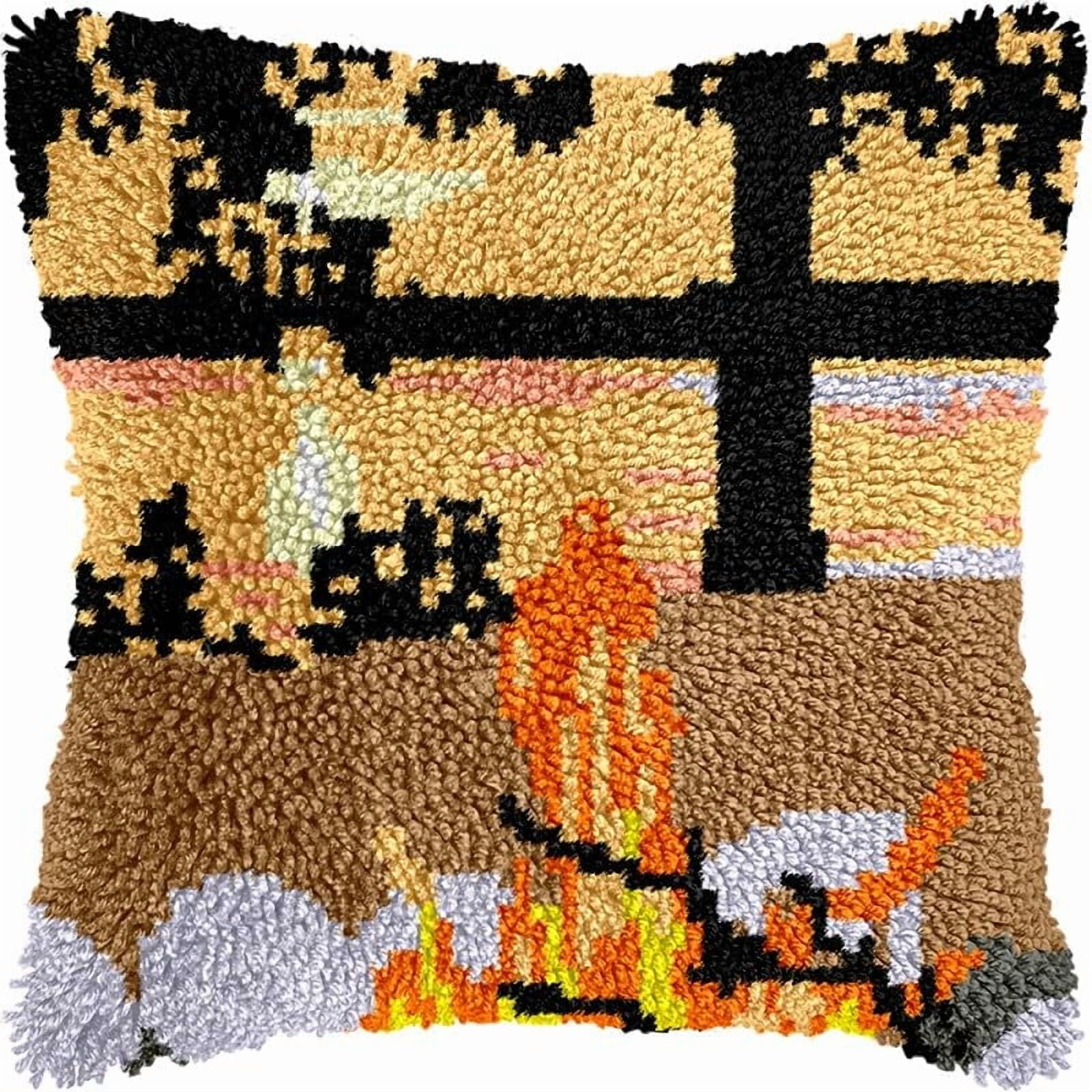 Latch Hook Pillow Kits for DIY Handmade Throw Pillow Cushion Cross Stitch Latch Hooking Pillowcase Kits with Preprinted Canvas Crochet Yarn 17''X 17''(Y62)