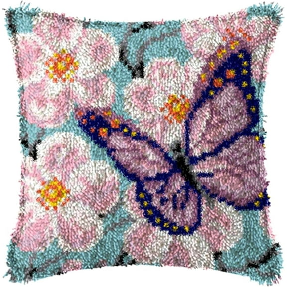 Latch Hook Pillow Kits DIY Throw Pillow Cover Printed Canvas Butterfly Pattern Needlework Crafts for Kids and Adults 17" X 17"