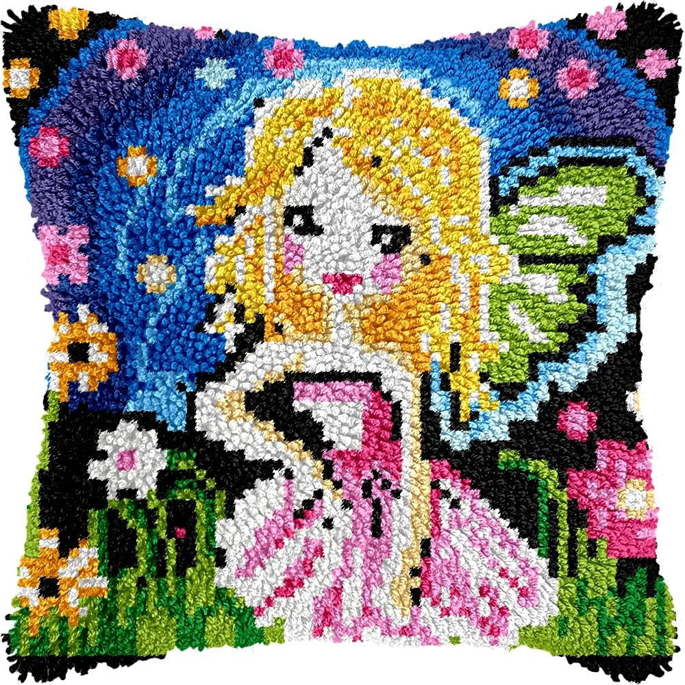 Latch Hook Pillow Kits for DIY Throw Pillow Cushion Embroidery Latch Hooking Pillowcase Kits with Preprinted Canvas Crochet Yarn Kits for Home Decor 17''X 17''(j101)