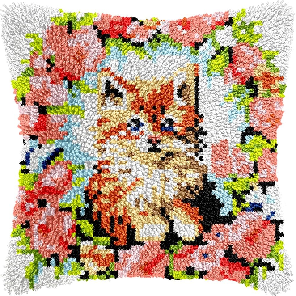 Latch Hook Pillow Kits for DIY Throw Pillow Cushion Embroidery Latch Hooking Pillowcase Kits with Preprinted Canvas Crochet Yarn Kits for Home Decor 17''X 17''(j108)