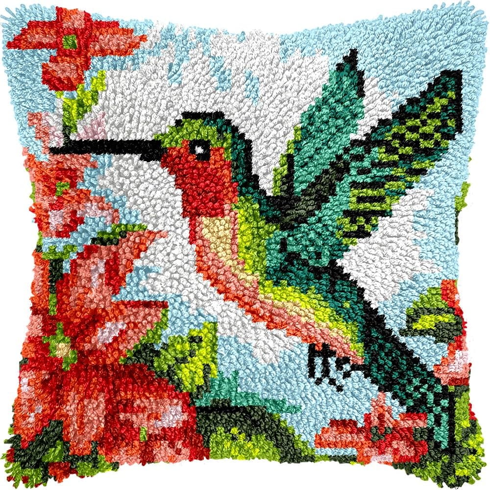 Latch Hook Pillow Kits for DIY Throw Pillow Cushion Embroidery Latch Hooking Pillowcase Kits with Preprinted Canvas Crochet Yarn Kits for Home Decor 17''X 17''(j126)