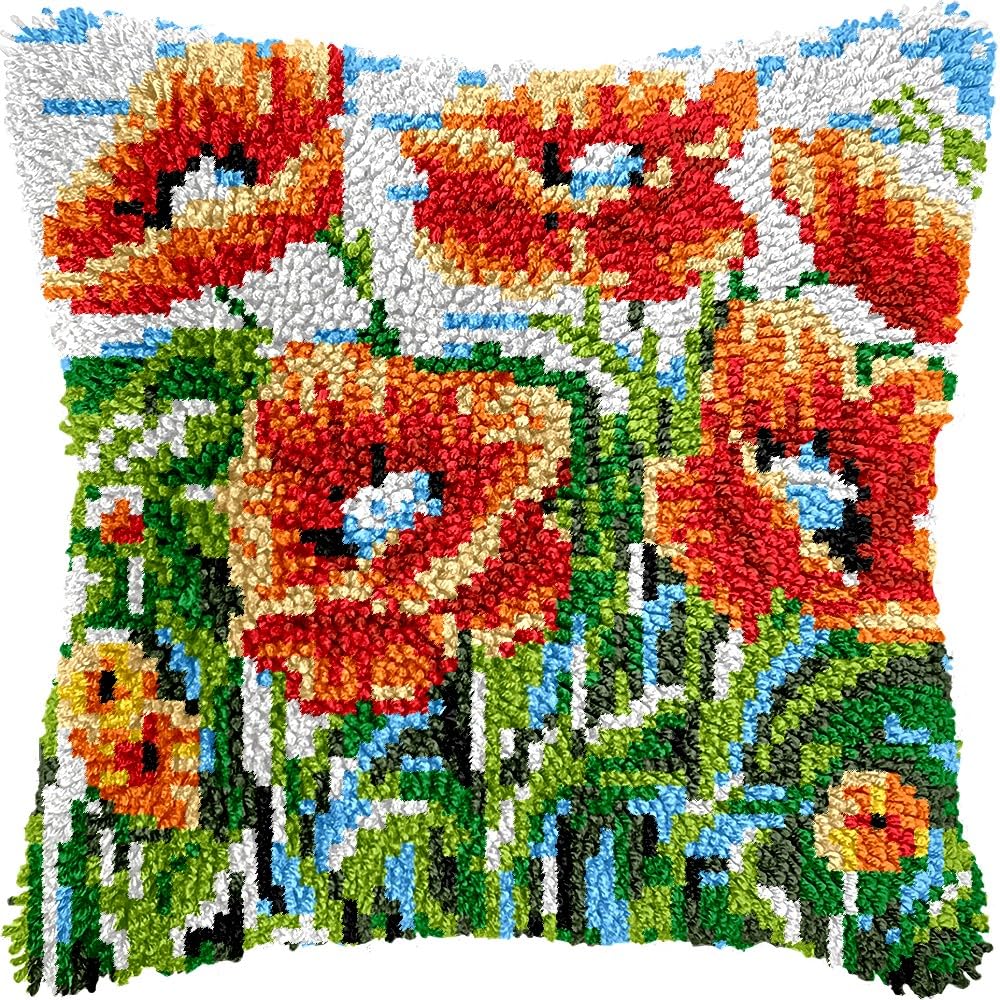 Latch Hook Pillow Kits for DIY Throw Pillow Cushion Embroidery Latch Hooking Pillowcase Kits with Preprinted Canvas Crochet Yarn Kits for Home Decor 17''X 17''(j136)