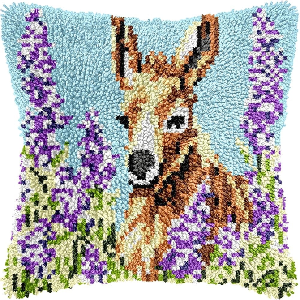 Latch Hook Pillow Kits for DIY Throw Pillow Cushion Embroidery Latch Hooking Pillowcase Kits with Preprinted Canvas Crochet Yarn Kits for Home Decor 17''X 17''(j154)