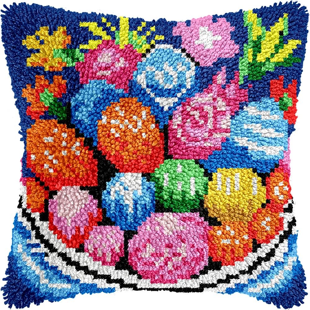 Latch Hook Pillow Kits for DIY Throw Pillow Cushion Embroidery Latch Hooking Pillowcase Kits with Preprinted Canvas Crochet Yarn Kits for Home Decor 17''X 17''(j170)
