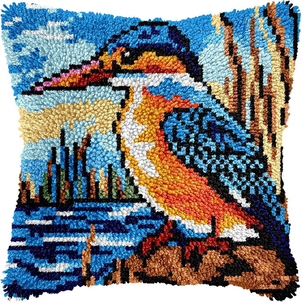 Latch Hook Pillow Kits for DIY Throw Pillow Cushion Embroidery Latch Hooking Pillowcase Kits with Preprinted Canvas Crochet Yarn Kits for Home Decor 17''X 17''(j184)
