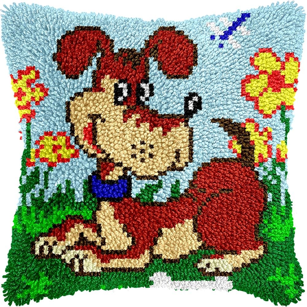 Latch Hook Pillow Kits for DIY Throw Pillow Cushion Embroidery Latch Hooking Pillowcase Kits with Preprinted Canvas Crochet Yarn Kits for Home Decor 17''X 17''(j197)