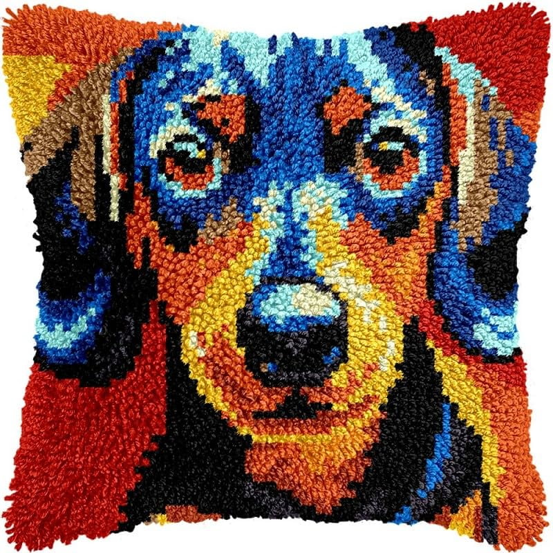 Latch Hook Pillow Kits Dachshund Dog DIY Pillowcase Crochet Hook Cushion Making Kits with Preprinted Pattern Canvas Instruction Yarns Pillow Cover Easy Starter Kits 43x43cm（J348)