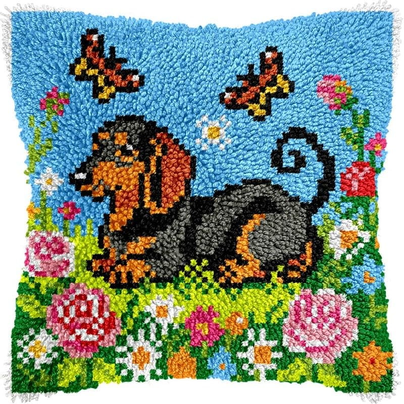 Latch Hook Pillow Kits Dachshund Dog and Flowers DIY Pillowcase Crochet Hook Cushion Making Kits with Preprinted Pattern Canvas Instruction Yarns Pillow Cover Easy Starter Kits 43x43cm（J34)