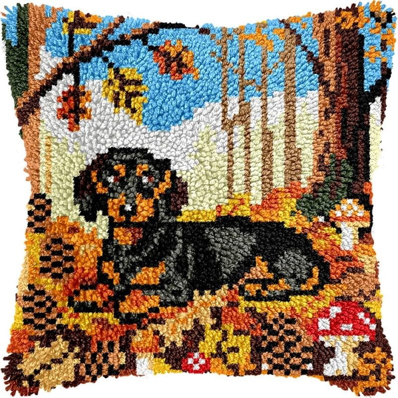 Latch Hook Pillow Kits Dachshund under Tree DIY Pillowcase Crochet Hook Cushion Making Kits with Preprinted Pattern Canvas Instruction Yarns Pillow Cover Easy Starter Kits 43x43cm（J64)