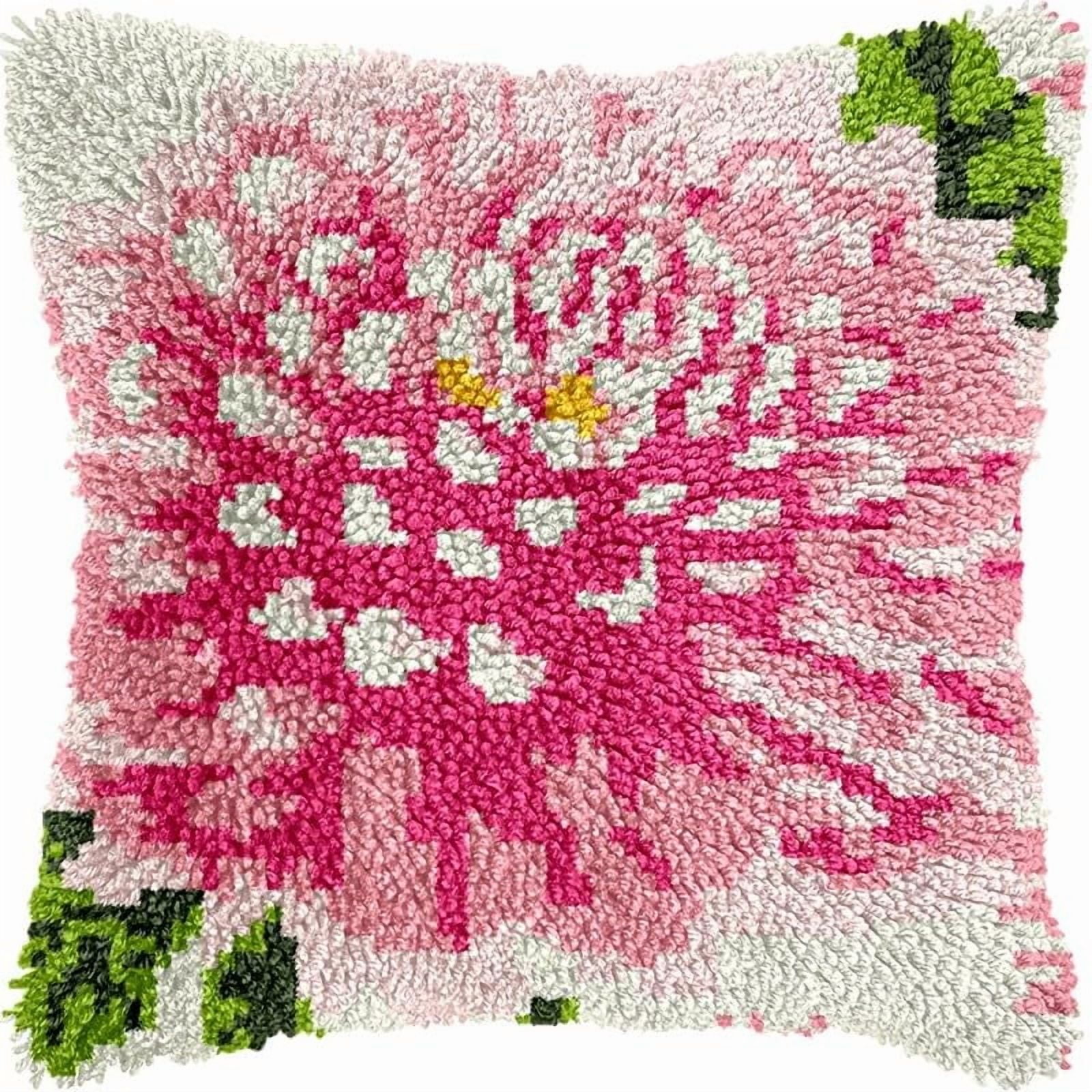 Latch Hook Pillow Kits Dahlia Flowers DIY Pillowcase Crochet Hook Cushion Making Kits with Preprinted Pattern Canvas Instruction Yarns Pillow Cover Easy Starter Kits 43x43cm（J281)