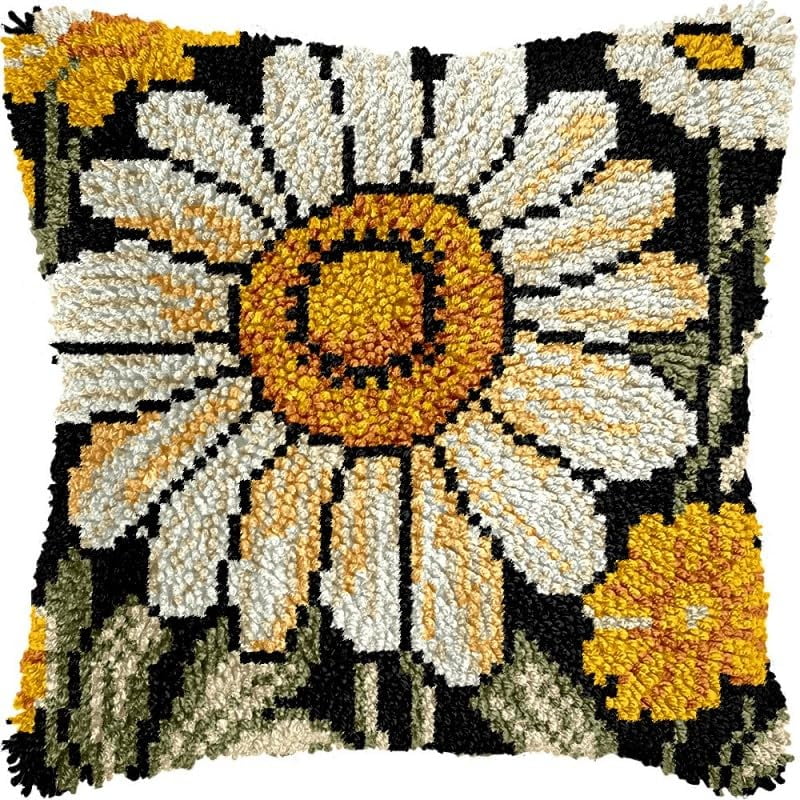 Latch Hook Pillow Kits Daisies DIY Pillowcase Crochet Hook Cushion Making Kits with Preprinted Pattern Canvas Instruction Yarns Pillow Cover Easy Starter Kits 43x43cm（J156)