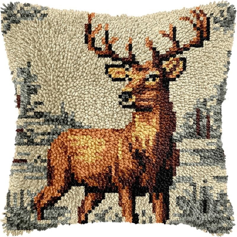 Latch Hook Pillow Kits Deer DIY Pillowcase Crochet Hook Cushion Making Kits with Preprinted Pattern Canvas Instruction Yarns Pillow Cover Easy Starter Kits 43x43cm（J114)