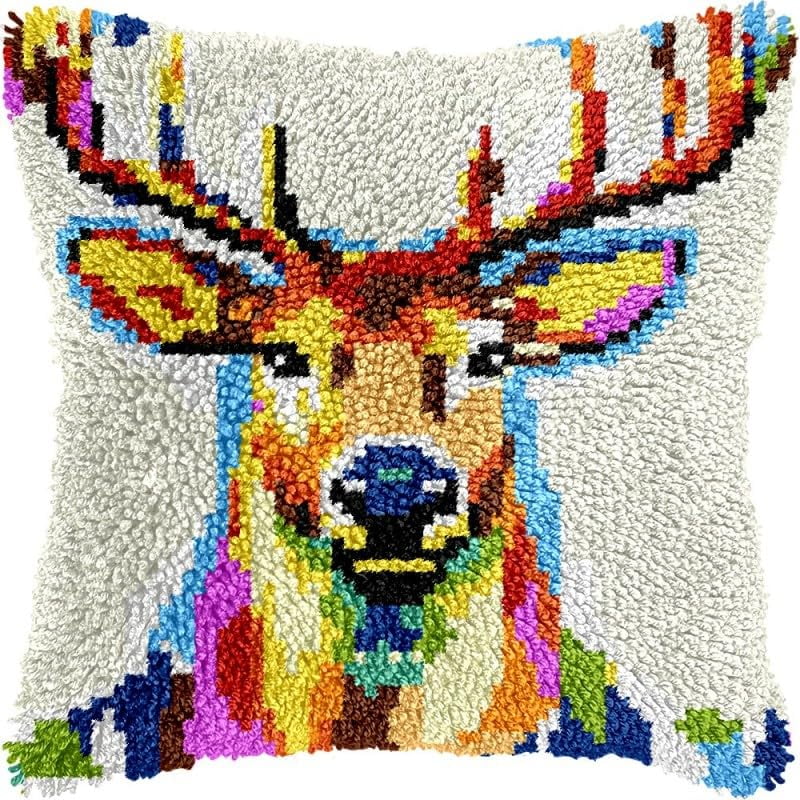 Latch Hook Pillow Kits Deer DIY Pillowcase Crochet Hook Cushion Making Kits with Preprinted Pattern Canvas Instruction Yarns Pillow Cover Easy Starter Kits 43x43cm（J2)