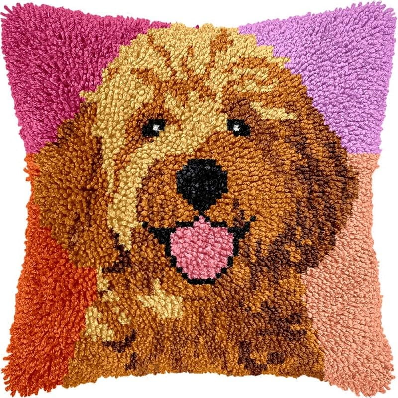 Latch Hook Pillow Kits Dog DIY Pillowcase Crochet Hook Cushion Making Kits with Preprinted Pattern Canvas Instruction Yarns Pillow Cover Easy Starter Kits 43x43cm（J149)