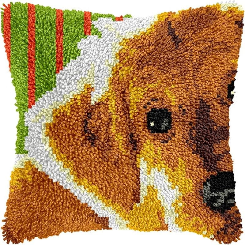 Latch Hook Pillow Kits Dog DIY Pillowcase Crochet Hook Cushion Making Kits with Preprinted Pattern Canvas Instruction Yarns Pillow Cover Easy Starter Kits 43x43cm（J398)