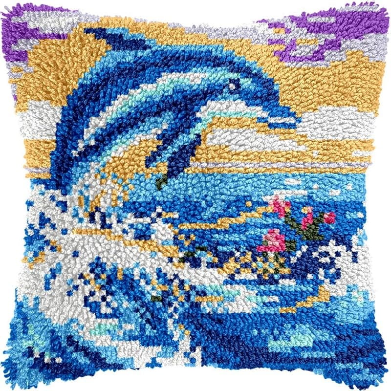 Latch Hook Pillow Kits Dolphin DIY Pillowcase Crochet Hook Cushion Making Kits with Preprinted Pattern Canvas Instruction Yarns Pillow Cover Easy Starter Kits 43x43cm（J364)