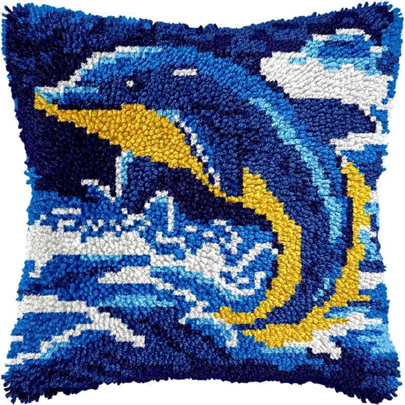 Latch Hook Pillow Kits Dolphin DIY Pillowcase Crochet Hook Cushion Making Kits with Preprinted Pattern Canvas Instruction Yarns Pillow Cover Easy Starter Kits 43x43cm（J118)