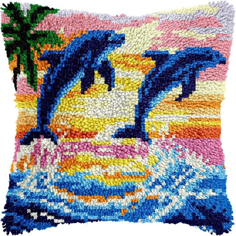 Latch Hook Pillow Kits Dolphins DIY Pillowcase Crochet Hook Cushion Making Kits with Preprinted Pattern Canvas Instruction Yarns Pillow Cover Easy Starter Kits 43x43cm（J324)