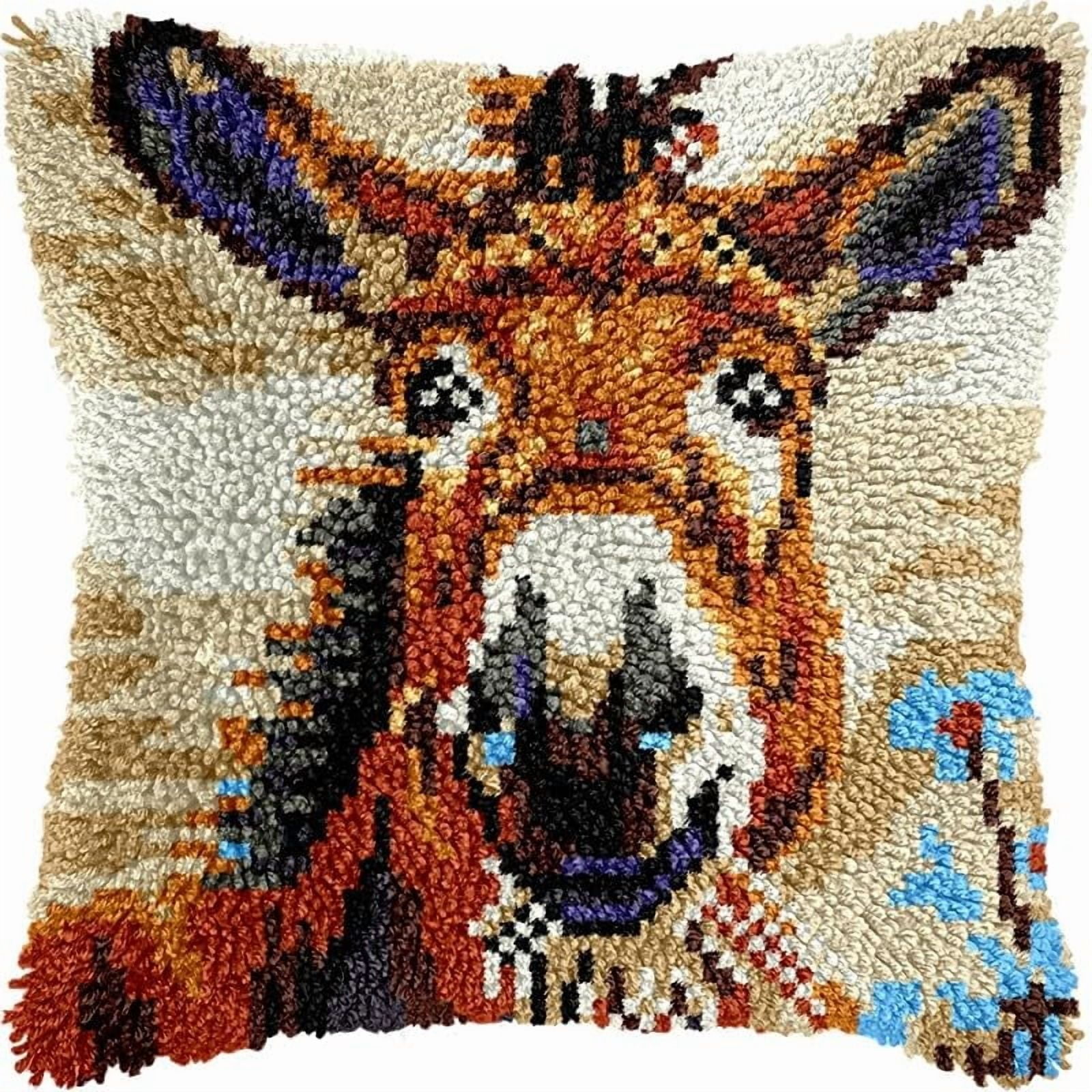 Latch Hook Pillow Kits Donkey DIY Pillowcase Crochet Hook Cushion Making Kits with Preprinted Pattern Canvas Instruction Yarns Pillow Cover Easy Starter Kits 43x43cm（J71)