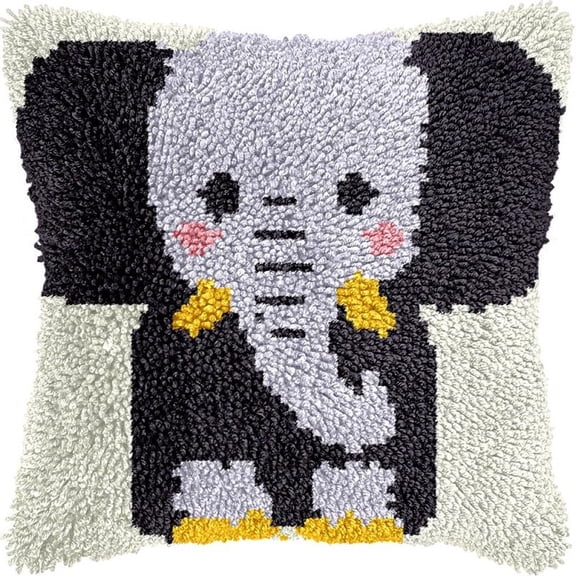 Latch Hook Pillow Kits Elephant DIY Pillowcase Crochet Hook Cushion Making Kits with Preprinted Pattern Canvas Instruction Yarns Pillow Cover Easy Starter Kits 43x43cmJ246)