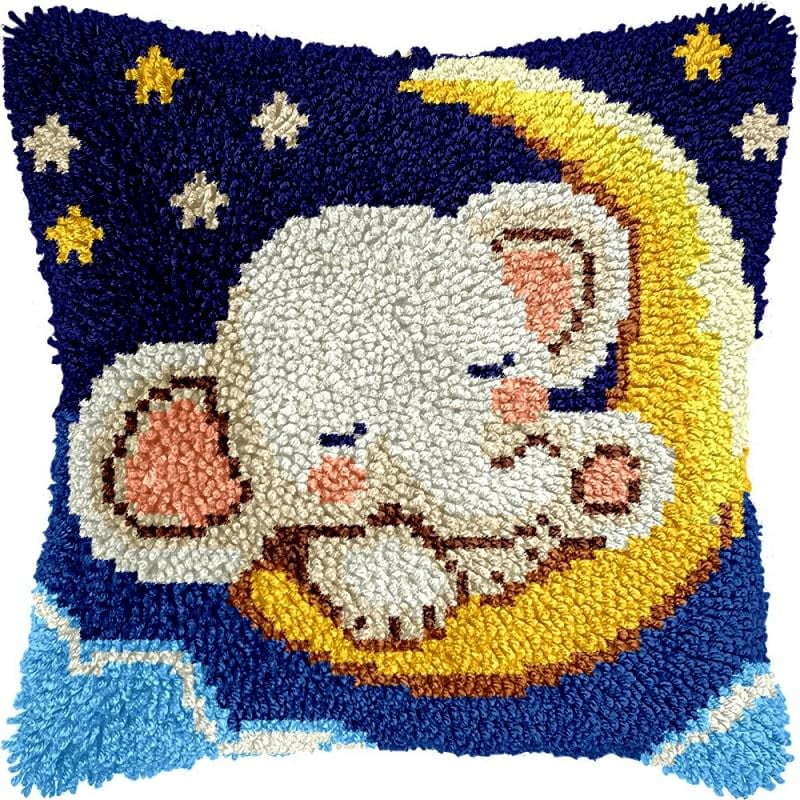 Latch Hook Pillow Kits Elephant on Moon DIY Pillowcase Crochet Hook Cushion Making Kits with Preprinted Pattern Canvas Instruction Yarns Pillow Cover Easy Starter Kits 43x43cm（J239)