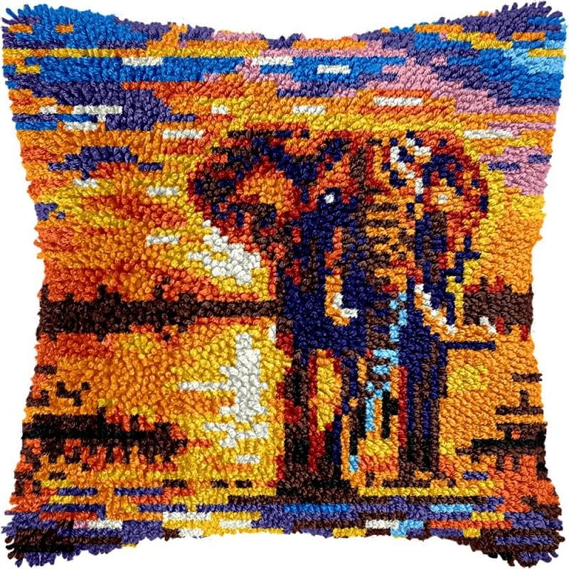 Latch Hook Pillow Kits Elephant under Sunset DIY Pillowcase Crochet Hook Cushion Making Kits with Preprinted Pattern Canvas Instruction Yarns Pillow Cover Easy Starter Kits 43x43cm（J314)