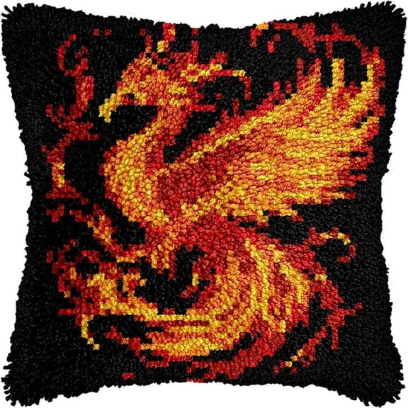 Latch Hook Pillow Kits Fire Phoenix Bird DIY Pillowcase Crochet Hook Cushion Making Kits with Preprinted Pattern Canvas Instruction Yarns Pillow Cover Easy Starter Kits 43x43cmJ112)