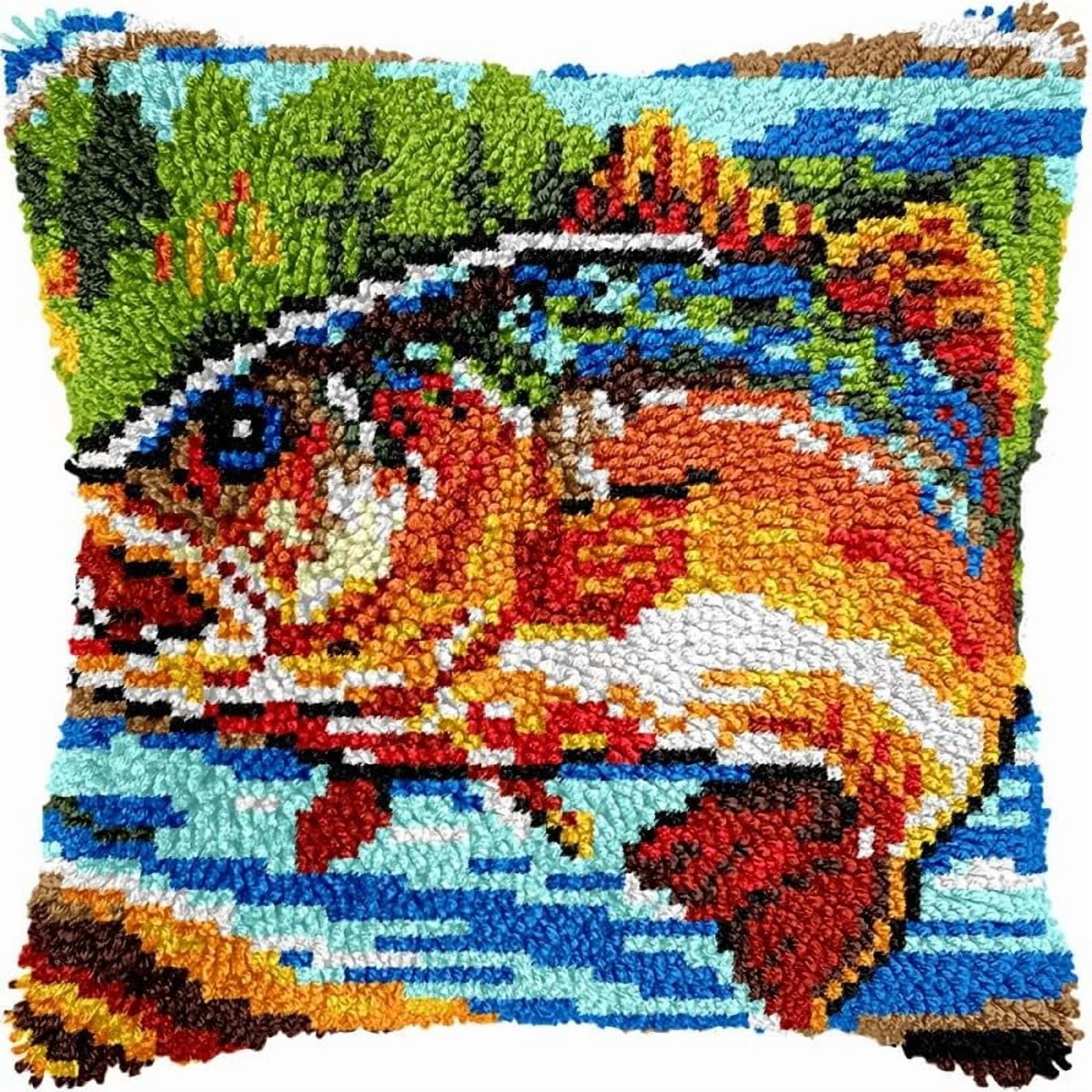 Latch Hook Pillow Kits Fishing Trout Fish DIY Pillowcase Crochet Hook Cushion Making Kits with Preprinted Pattern Canvas Instruction Yarns Pillow Cover Easy Starter Kits 43x43cm（J135)